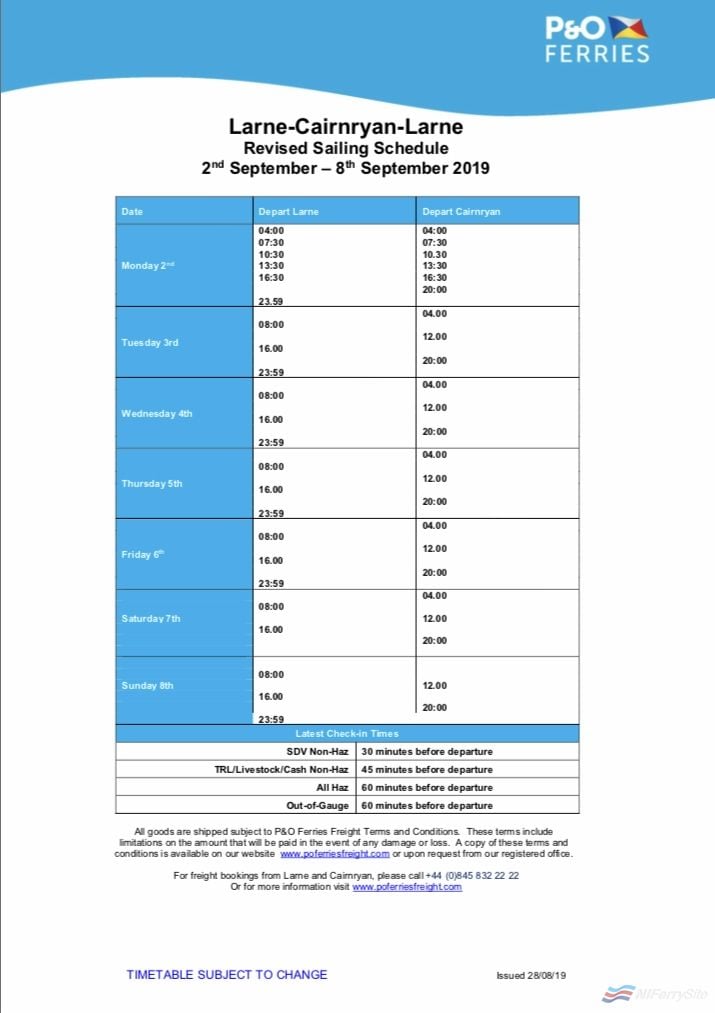 P&O Ferries revised Larne - Cairnryan timetable for September 2019, page 1.  P&O Ferries Freight.