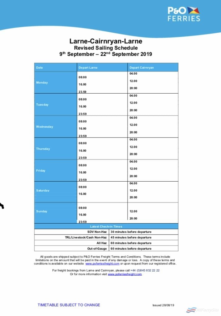 P&O Ferries revised Larne - Cairnryan timetable for September 2019, page 2.  P&O Ferries Freight.