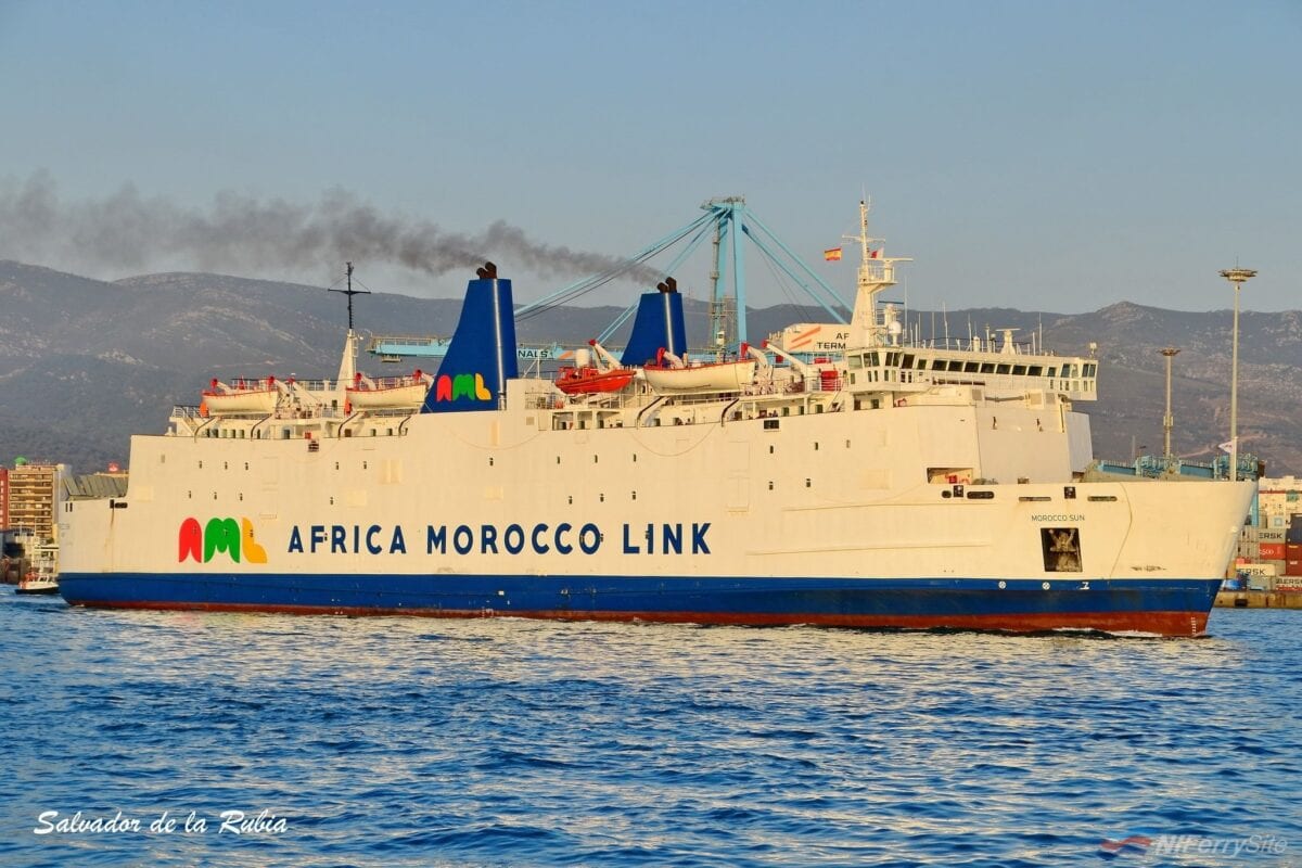 MOROCCO SUN seen in Algeciras on her first day back in service, 03.08.19. The former LE RIF, STENA GALLOWAY, etc had last seen service as an IMTC vessel in 2013. Copyright © Salvador de la Rubia.