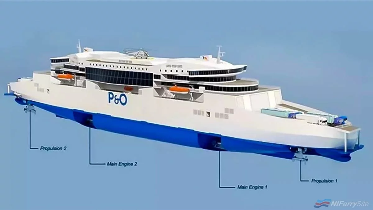 An early artists impression of what P&O Ferries new Double-Ended Dover to Calais ferries to be built at GSI in China might look like. This version shows the positioning of some of the propulsion equipment. Guangdong Association Shipbuilding Industry (enlarged).