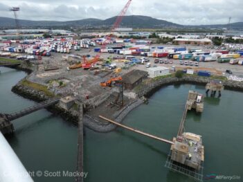 A view of some of the work currently underway at Belfast Victoria Terminal 2 to accommodate the new Stena E-Flexer ferries STENA EDDA and STENA EMBLA, 13 September 19. Taken from STENA FORECASTER while alongside at VT1. Copyright © Scott Mackey.
