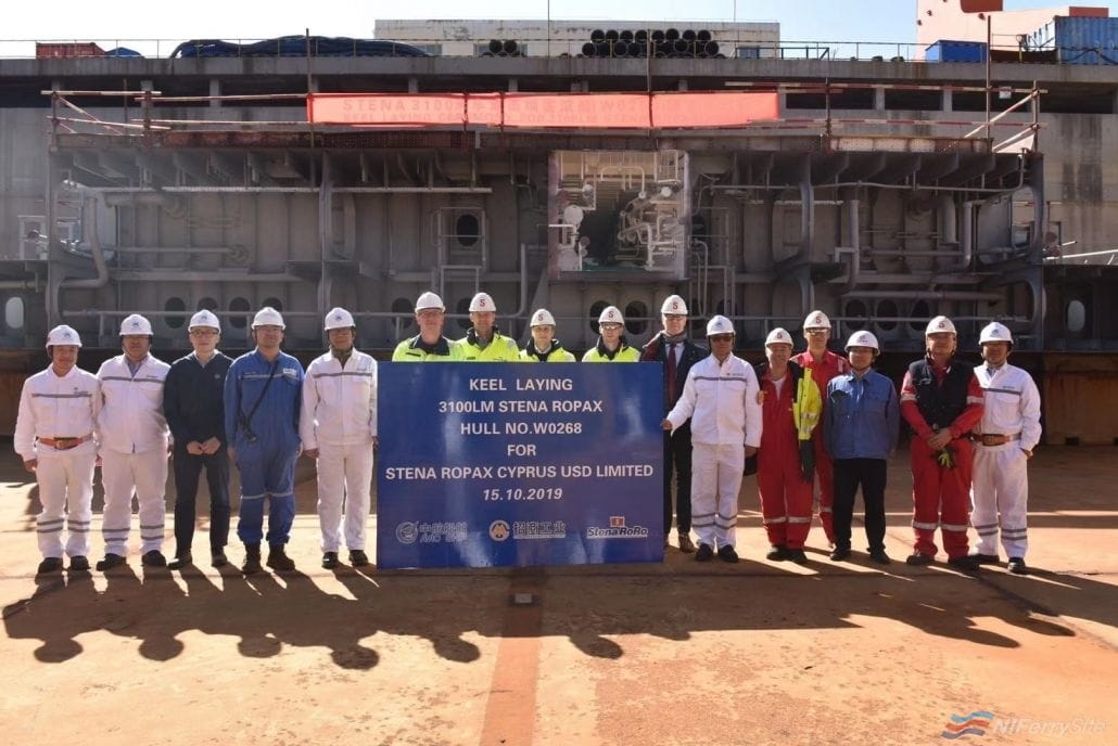 The first keel block of E-Flexer number 5, DFDS' CÔTE D'OPALE is laid at Weihai Shipyard in China, 15.10.19. DFDS