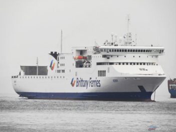 Stena RoRo owned KERRY is seen at Gibraltar in Brittany Ferries colours. She stopped at Gibraltar to take on bunkers while on her way to Santander where she will join the Brittany Ferries fleet. Copyright © Tony Davis.