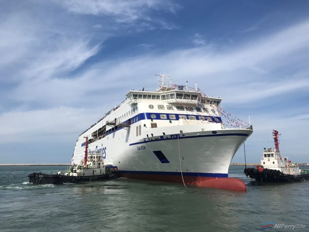 Tugs assist Brittany Ferries GALICIA to the outfitting pier after she was floated out of the building dock at AVIC Weihai. AVIC.