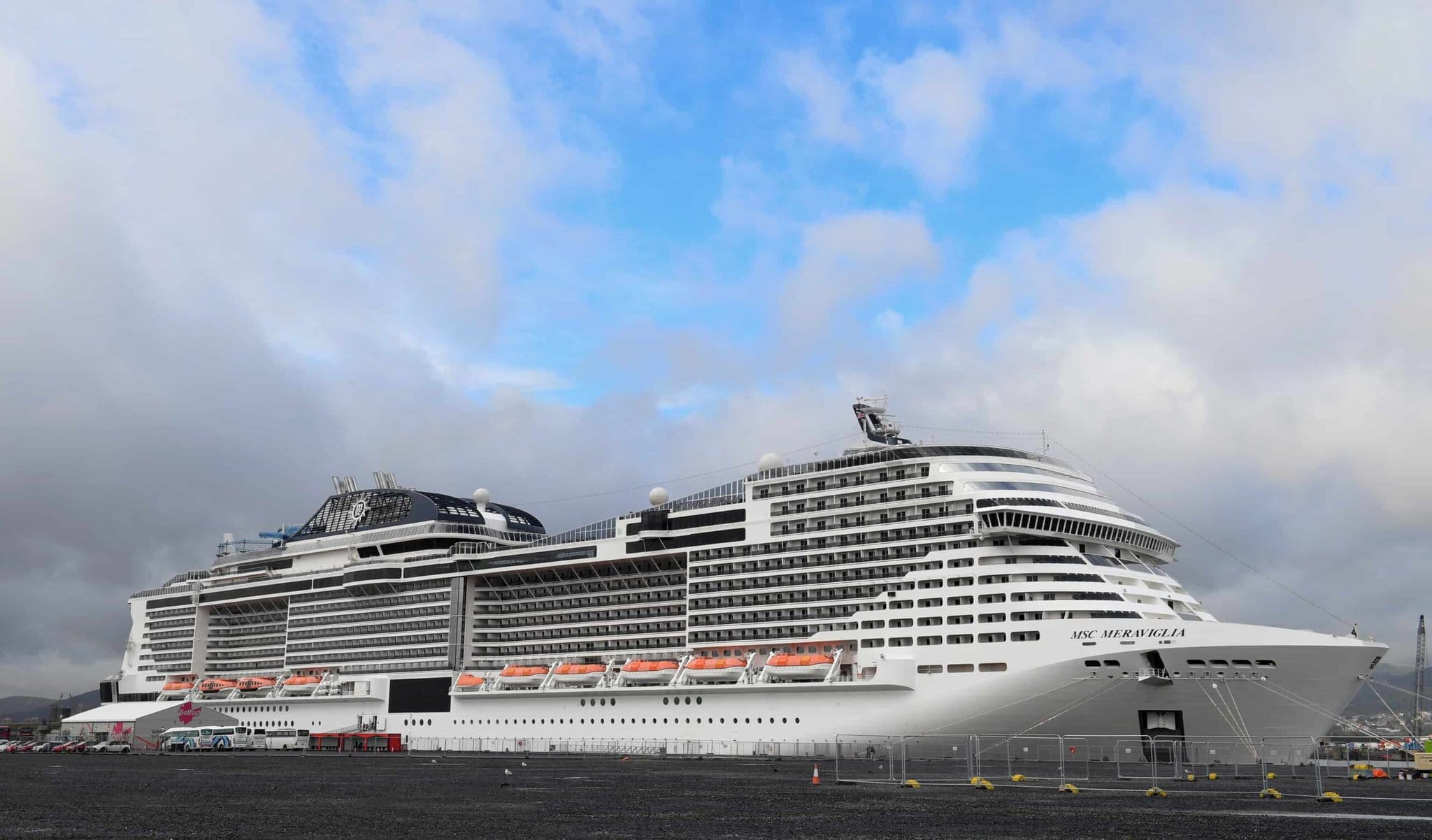 MSC Meraviglia, the largest ever cruise ship to visit Belfast, docking in Belfast Harbour for its maiden call. Alan Lewis- PhotopressBelfast.co.uk 26/9/2019 Photo By Justin Kernoghan.
