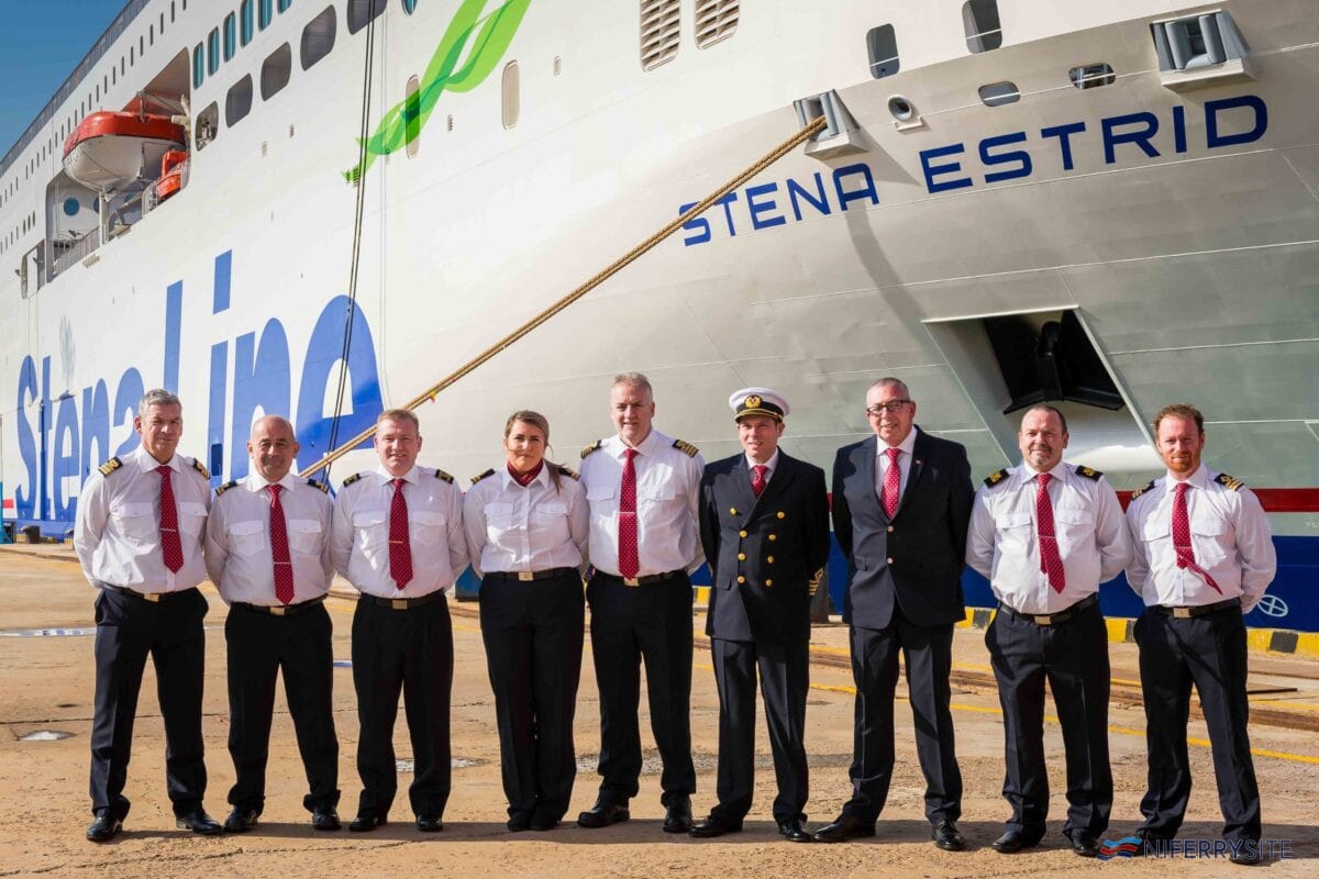 SHIP SHAPE: Senior Master Matthew Lynch (4th from right) is pictured with Stena Line’s newest ferry Stena Estrid and crew members (l-r) Mark Connell, John Thomas, Jason Rafferty, Cora Bonham, David Morris, Stephen Davies, Ian Grimes and Marc Young. Captain ‘Matt’ and his crew are currently steering Stena Estrid on its 10,000 mile journey from the AVIC Weihai Shipyard in China, where it was built, to the Irish Sea where it will start service on the Holyhead to Dublin route in January.