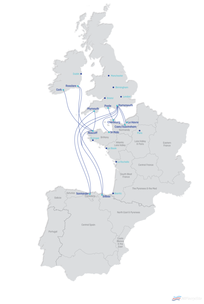 Brittany Ferries updated route map reflecting the services offered after the move of Ireland - France sailings to Rosslare and Bilbao. Brittany Ferries