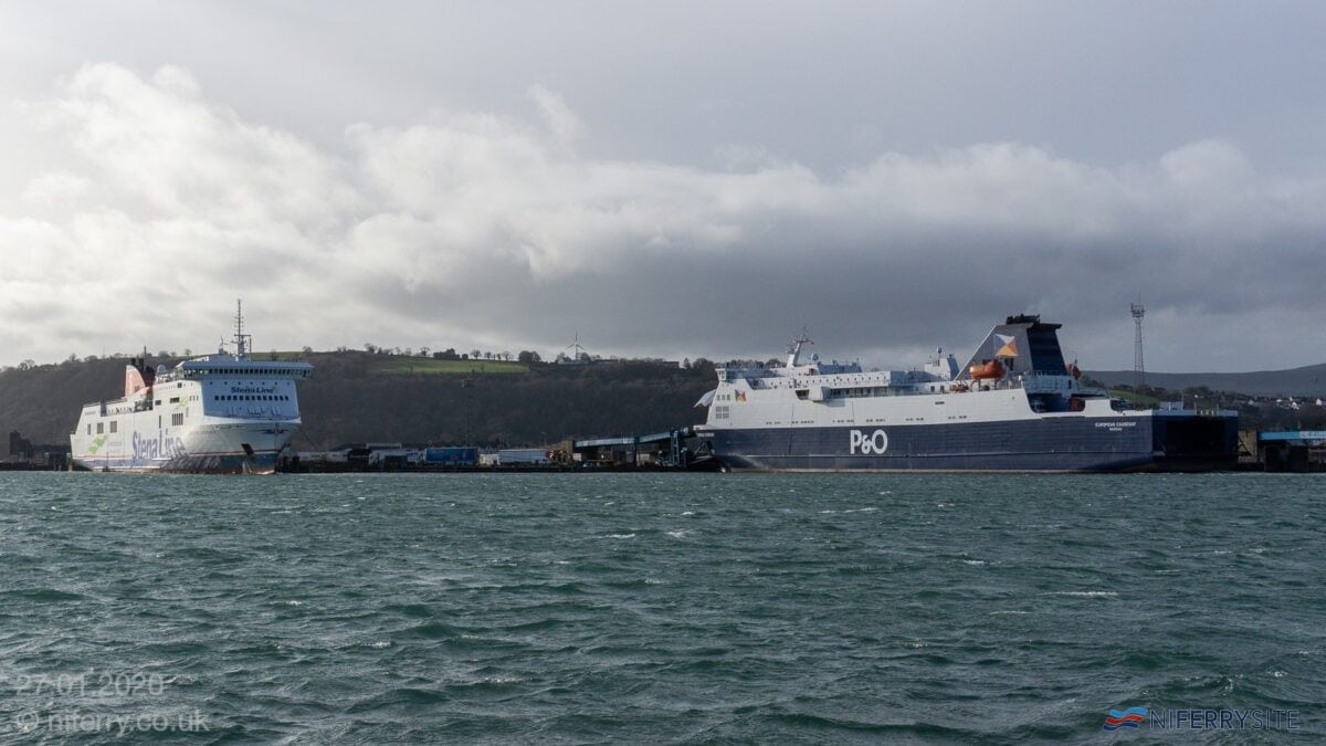 STENA MERSEY with EUROPEAN CAUSEWAY at Larne, 27.01.2020. Copyright Steven Tarbox / niferry.co.uk.