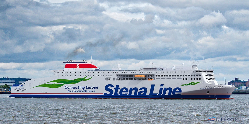 A rendering showing how STENA EDDA would look passing the terminal at Birkenhead. Stena Line.