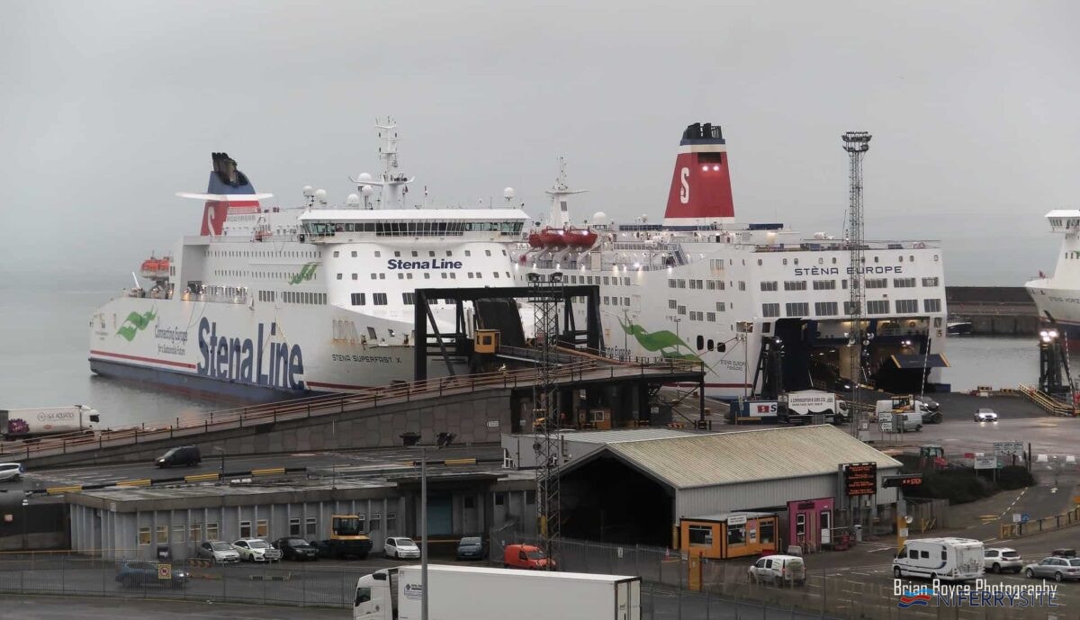 STENA SUPERFAST X seen berthed at Rosslare next to fleet-mate STENA EUROPE on Thursday Jan 24th 2020. Copyright © Brian Boyce.