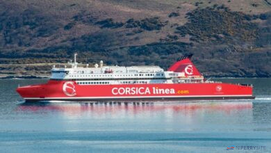 A mock-up image of how STENA SUPERFAST X will look in Corsica Linea colours. Corsica Linea.