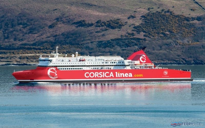 A mock-up image of how STENA SUPERFAST X will look in Corsica Linea colours. Corsica Linea.