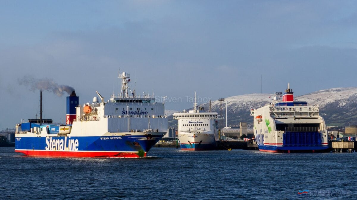 (L to R) Stena Line's STENA SCOTIA, STENA LAGAN, and STENA EDDA seen together in Belfast on the morning of 26.02.20 with 'Edda' undertaking her first trials at the port. © Steven Tarbox.