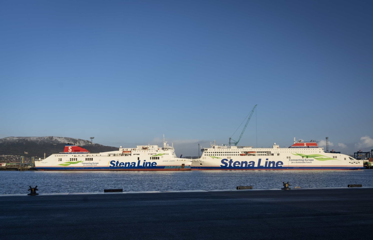 STENA EDDA and STENA LAGAN face each other at Belfast's Victoria Terminal 2 and Victoria Terminal 1 respectively. Stena Line.