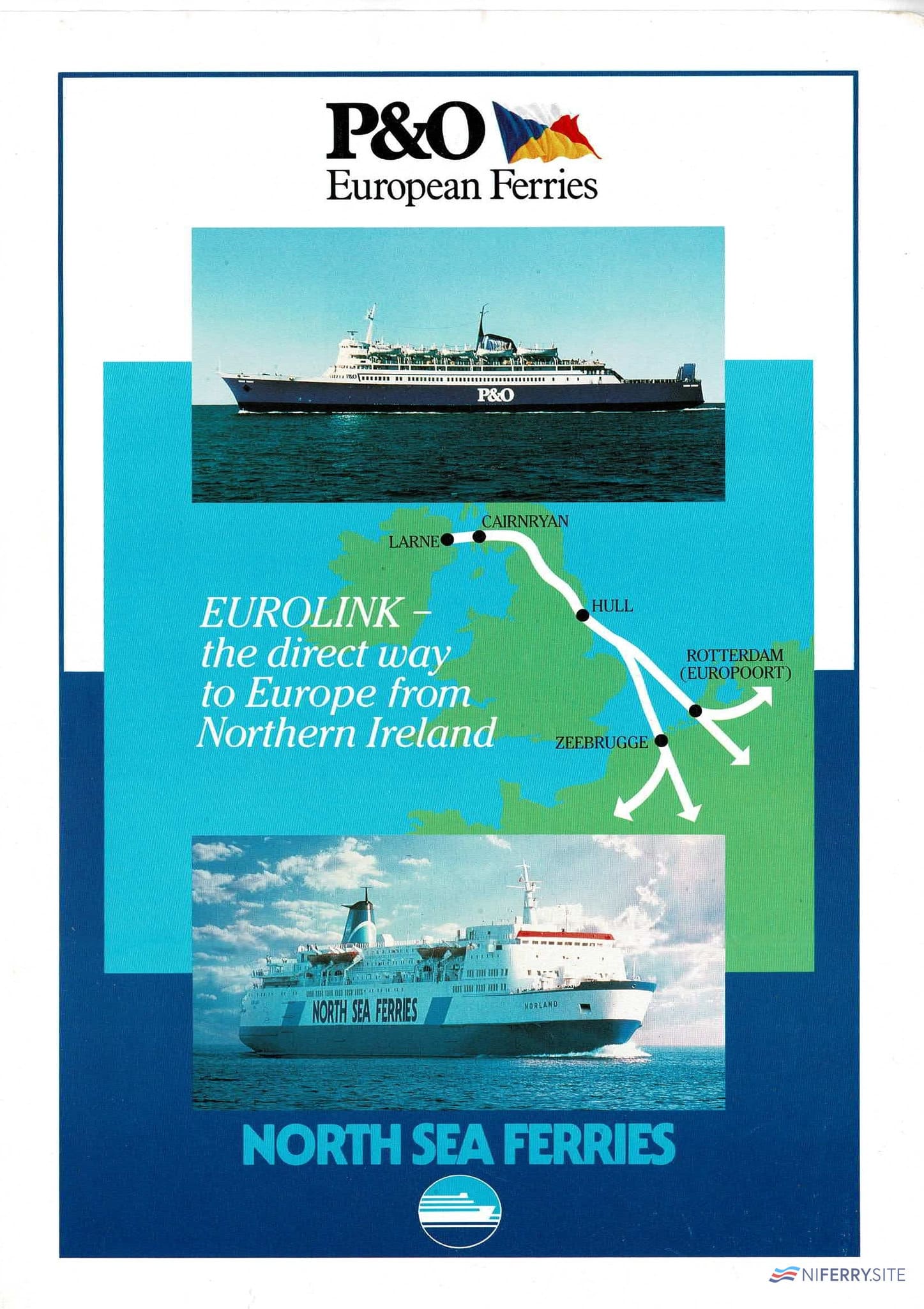 P&O European Ferries and North Sea Ferries joint land-bridge brochure (I think 1990). NI Ferry Site archive.