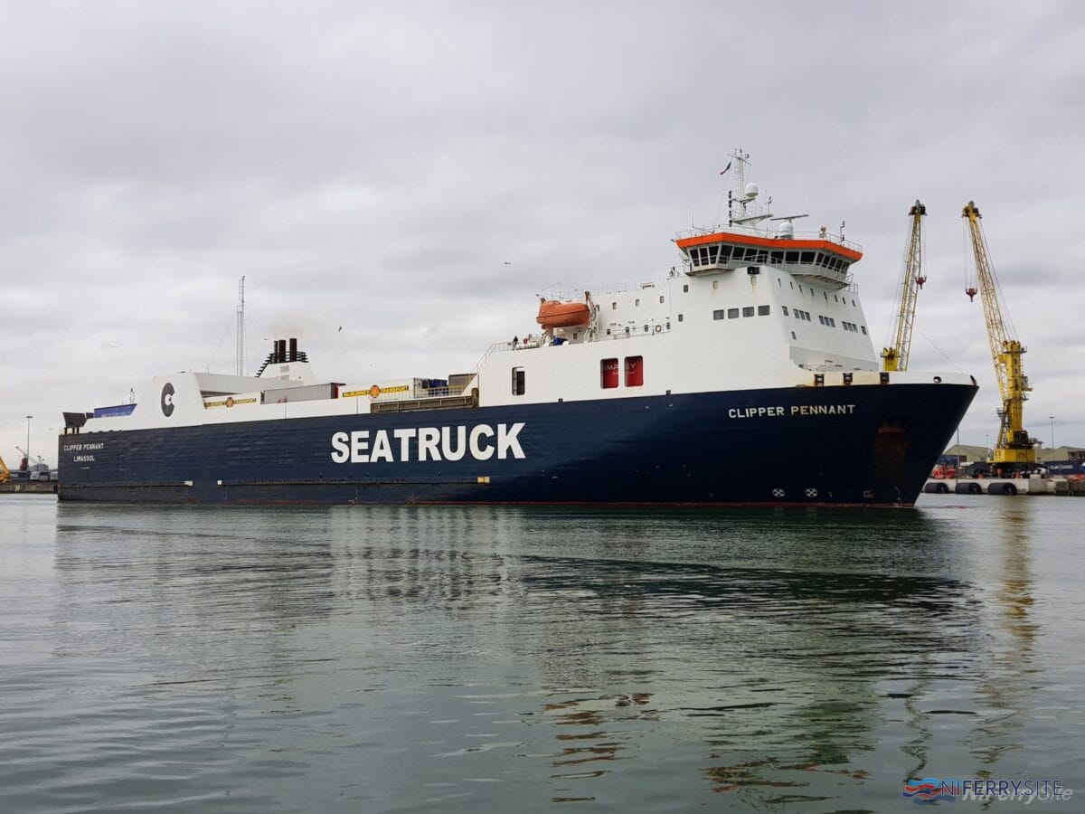 Seatruck Ferries CLIPPER PENNANT seen at Dublin on 27 January 2020 while on charter to competitor P&O Ferries. Copyright © Robbie Cox.