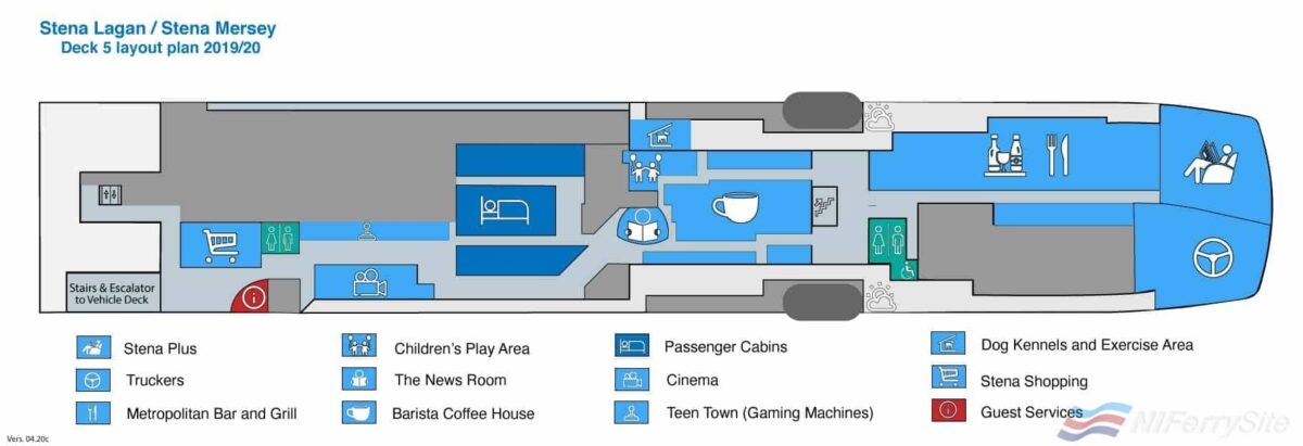 Layout plan of Deck 5 on STENA LAGAN and STENA MERSEY as it was in 2019/20. Copyright © Steven Tarbox.