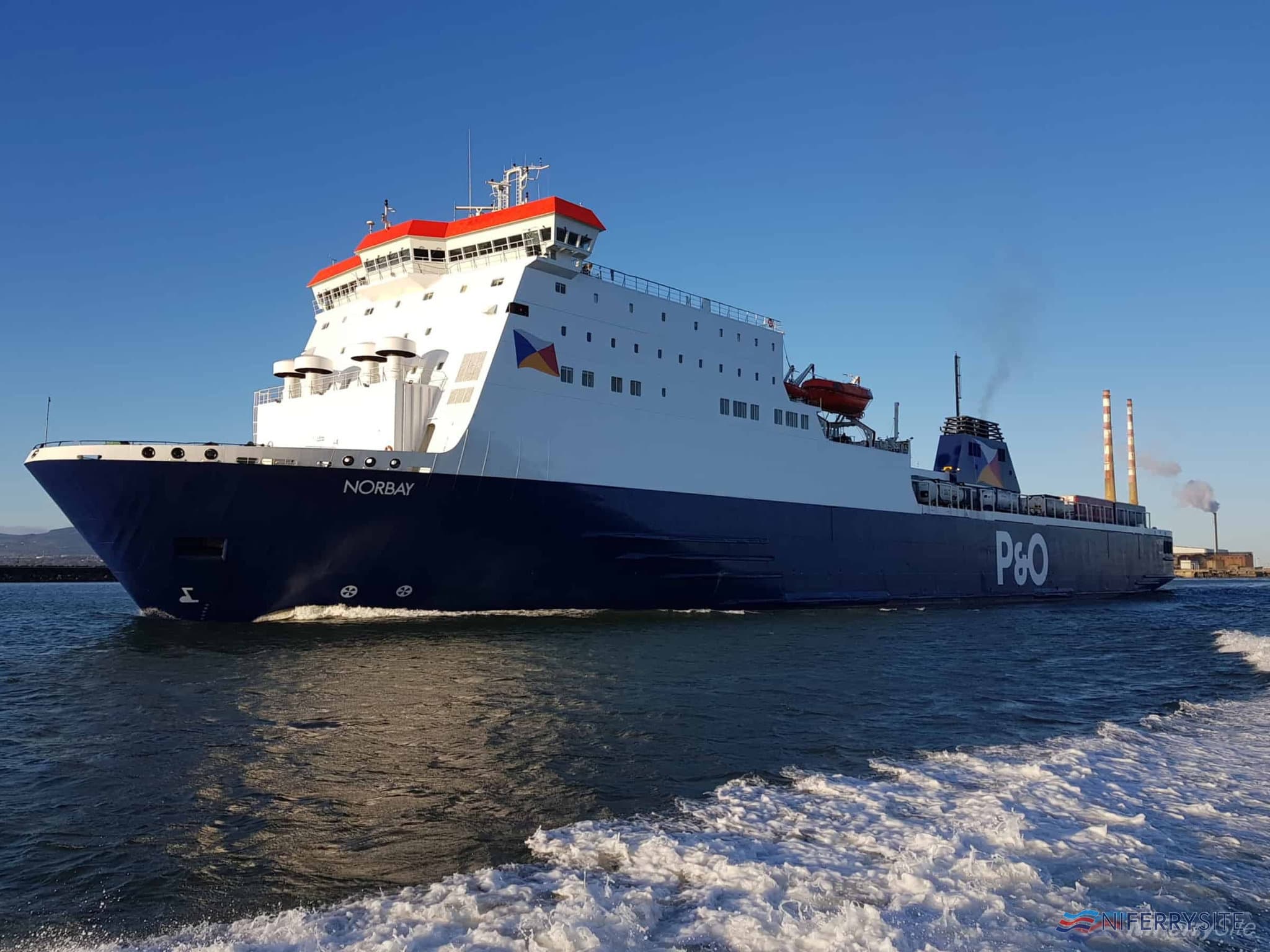 P&O Ferries NORBAY leaves Dublin for Liverpool on her first sailing following a three-week absence for dry docking in Poland, 24.03.19. Copyright © Robbie Cox.