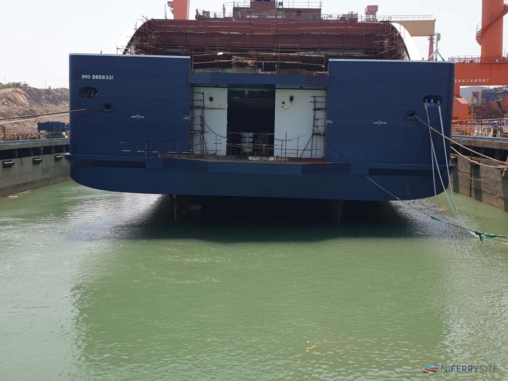 A view ofCÔTE D'OPALE's stern door. This differs significantly from the other E-Flexer's which have a stern ramp instead. DFDS UK.