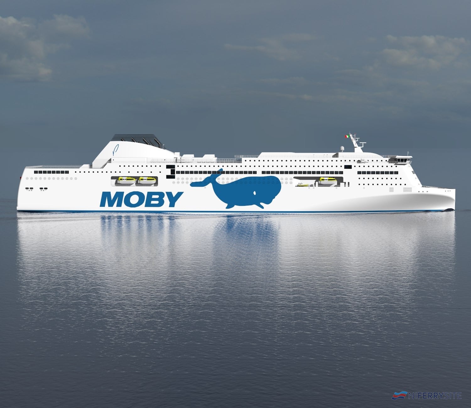 A render of the first of Moby Line's giant Ro-Pax's on order at Guangzhou Shipyard International, to be named MOBY FANTASY
