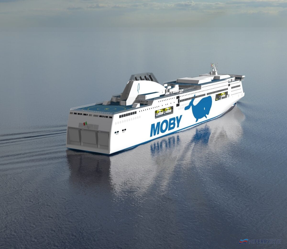 A render of the first of Moby Line's giant Ro-Pax's on order at Guangzhou Shipyard International, to be named MOBY FANTASY. Moby Lines