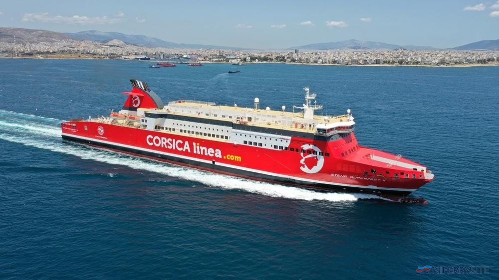 A NEPITA seen bound for Marseille from Perama ahead of her renaming and still carrying her Stena Line name STENA SUPERFAST X on her hull. The ship was renamed and transferred to the French registry after arrival in France. Corsica Linea (© Voyager Shipspotting)