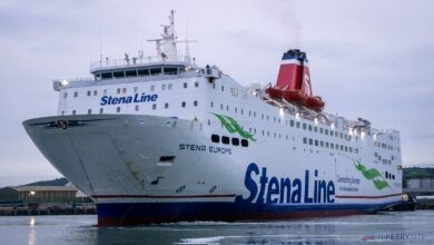 STENA EUROPE swings with the assistance of SVITZER SUSSEX outside Belfast Building Dock having just left the facility following her annual dry-docking. Copyright © Steven Tarbox.