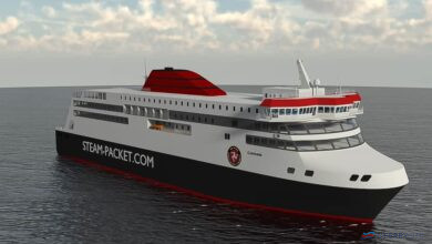 An early rendering of the new Isle of Man Steam Packet ferry ordered from Hyundai in Korea. Isle of Man Steam Packet.