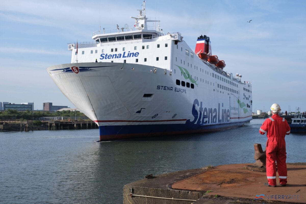 STENA EUROPE arrives at Harland & Wolff Belfast for her 2020 dry docking. Stena Line.