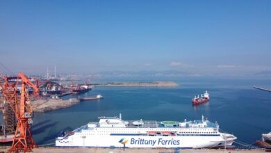 Brittany Ferries' GALICIA alongside at the outfitting pier nearing completion. Brittany Ferries.