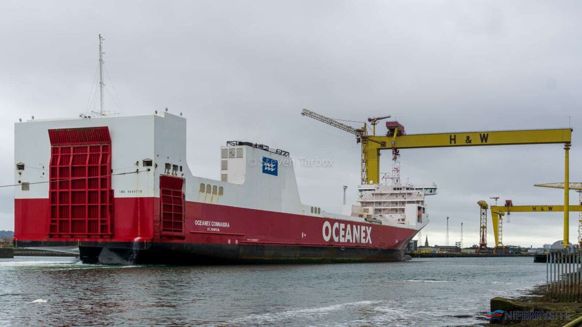 OCEANEX CONNAIRGRA approaches Belfast Building Dock on Sept 7, 2020. Copyright © Steven Tarbox.