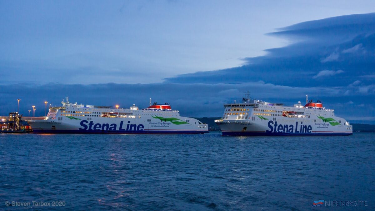 Sister-ships STENA ESTRID and STENA EDDA meet in Belfast. Copyright © Steven Tarbox.