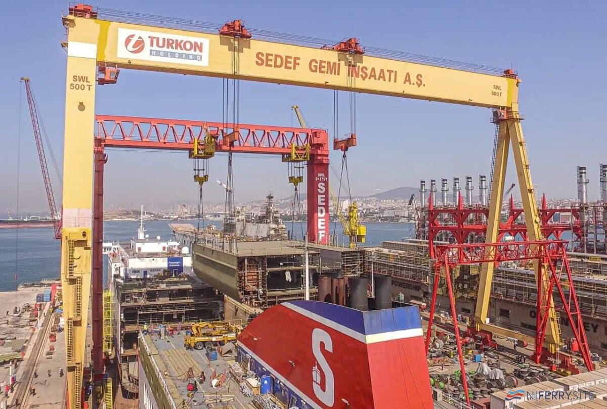 The first part of SEDEF new build number 207, a new 36m section for <strong></noscript>STENA LAGAN</strong>, is lifted into place. The 960 ton section is the heaviest ever lifted in Turkey according to the yard. Copyright © SEDEF Shipbuilding.