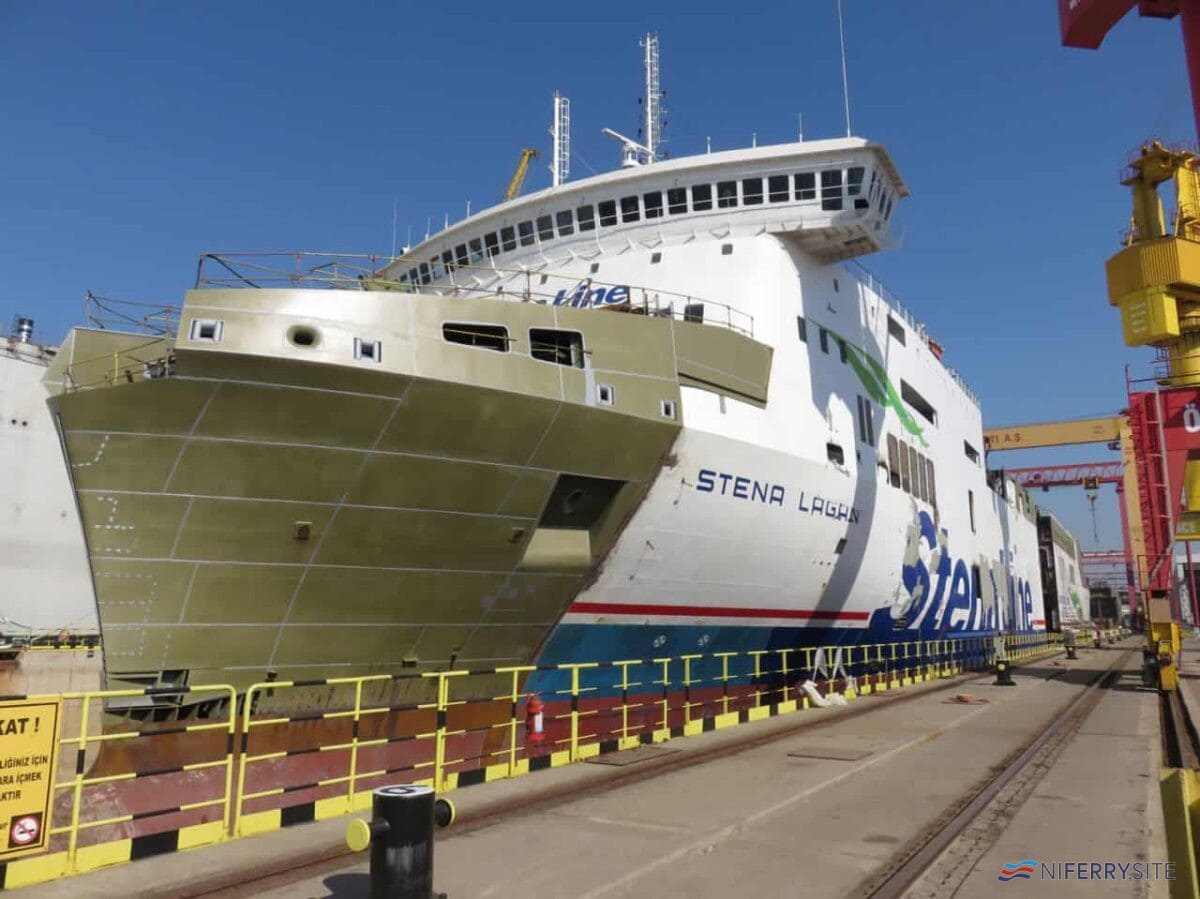 STENA LAGAN undergoing rebuilding at SEDEF Shipbuilding, Tuzla, Turkey. The rebuilt bow, through which the ship will now be able to load vehicles, can be clearly seen. Copyright © Stena RoRo.