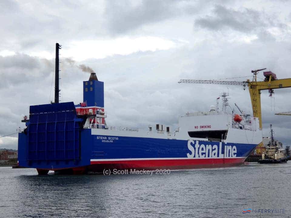 Stena Line's Ro-Ro STENA SCOTIA leaves Belfast Building Dock on Sat 05.09.20 after over a month of maintenance. Copyright © Scott Mackey.