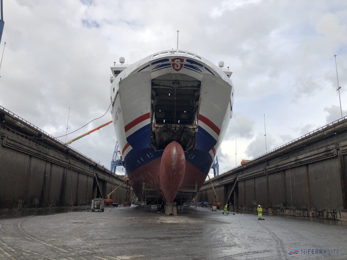 STENA SUPERFAST VIII seen in Belfast Dry Dock, Harland & Wolff, during October 2020. © Stena Line.