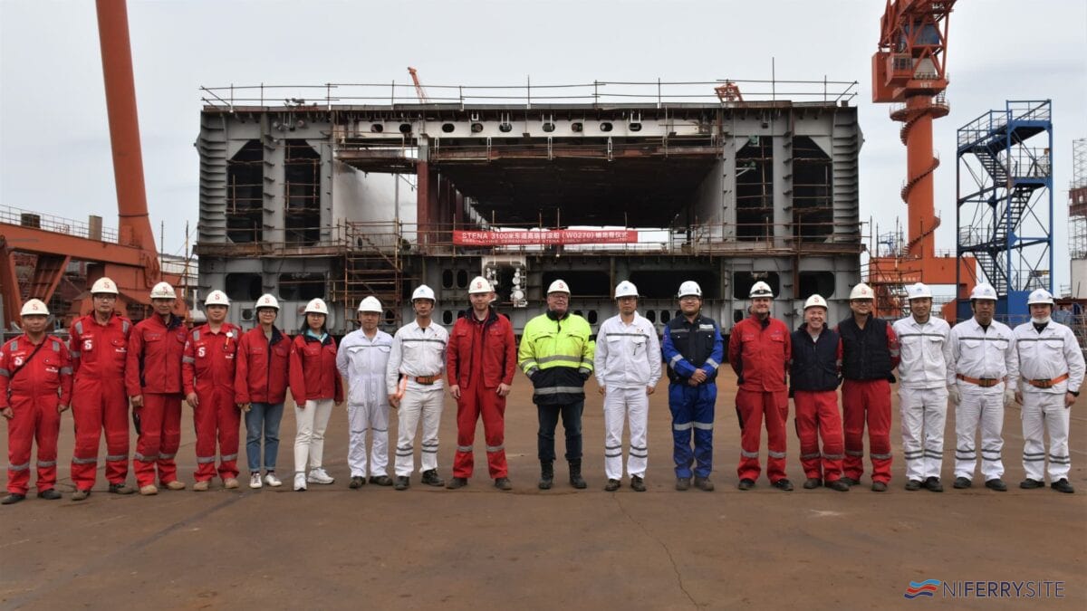 The keel laying of Stena Line's first extended length E-Flexer, yard number W0270.  CMI Jinling Weihai.
