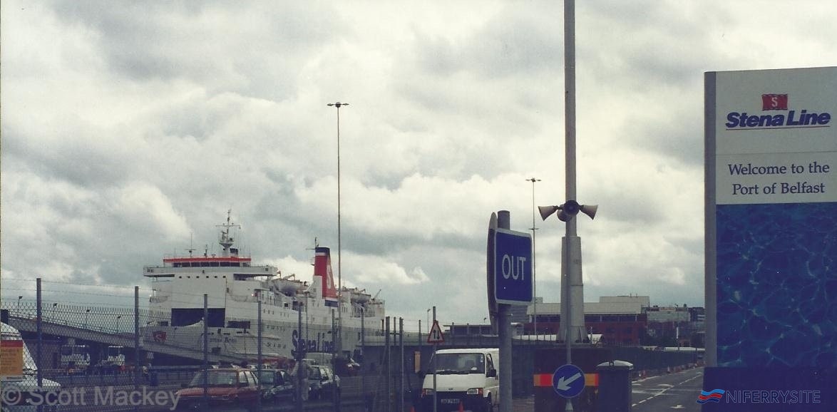 A view of the terminal area at Albert Quay with Stena Antrim visible at the layover berth, July 1996. © Scott Mackey.