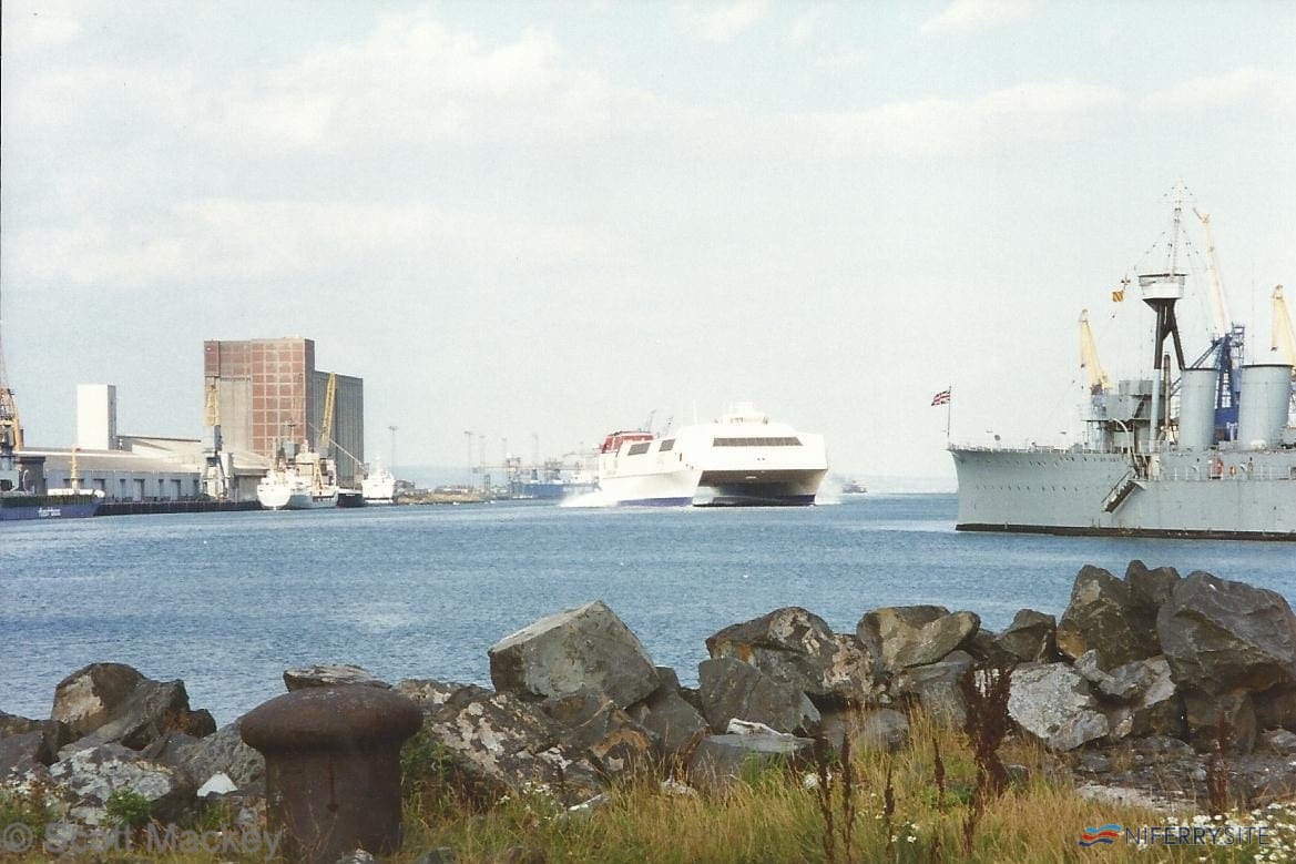 HSS Stena Voyager arrives in Belfast Harbour and turns to head stern first towards the new terminal during her first month in service, July 1996. © Scott Mackey.