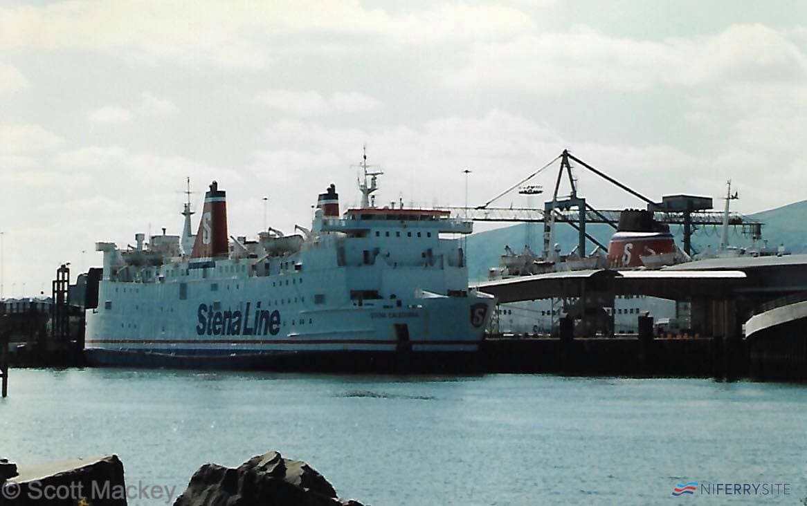 Stena Caledonia seen at the Albert Quay berth with Stena Adventurer (ex Stena HIbernia, ex St Columba) visible beyond in the York Dock, having finished service with the company and awaiting sale, Nov 1996. © Scott Mackey.