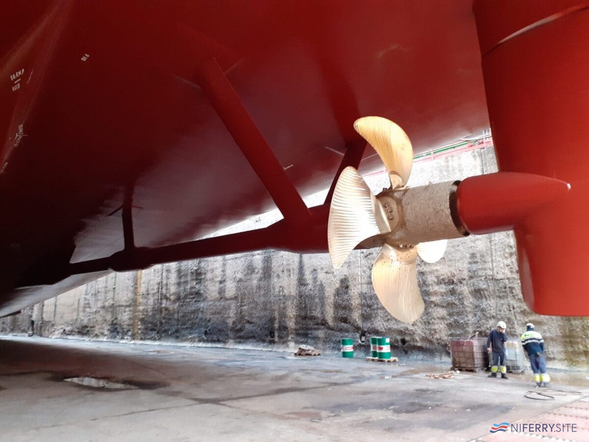 GALICIA hull showing one of her propellers and rudders. Brittany Ferries