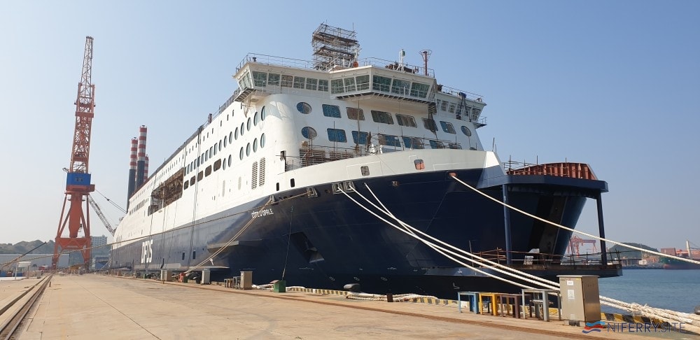 E-Flexer number 5, DFDS's COTE D"OPALE undergoing fitting out at Weihai, China. DFDS
