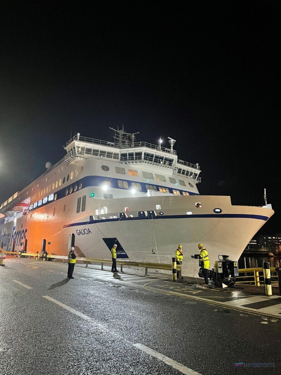 GALICIA on the berth at Portsmouth after her first arrival with passengers, 03.12.2020. © Andy Williamson, courtesy of Brittany Ferries.