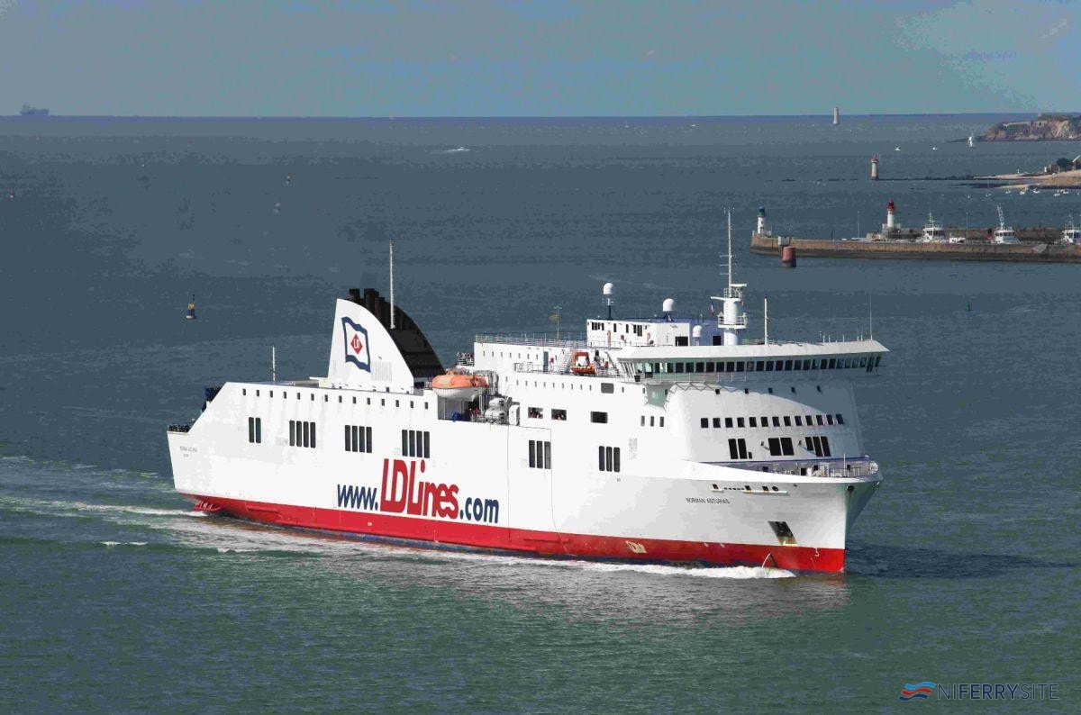LD Line's NORMAN ASTURIAS. The ship later became Brittany Ferries CONNEMARA. LD Lines.