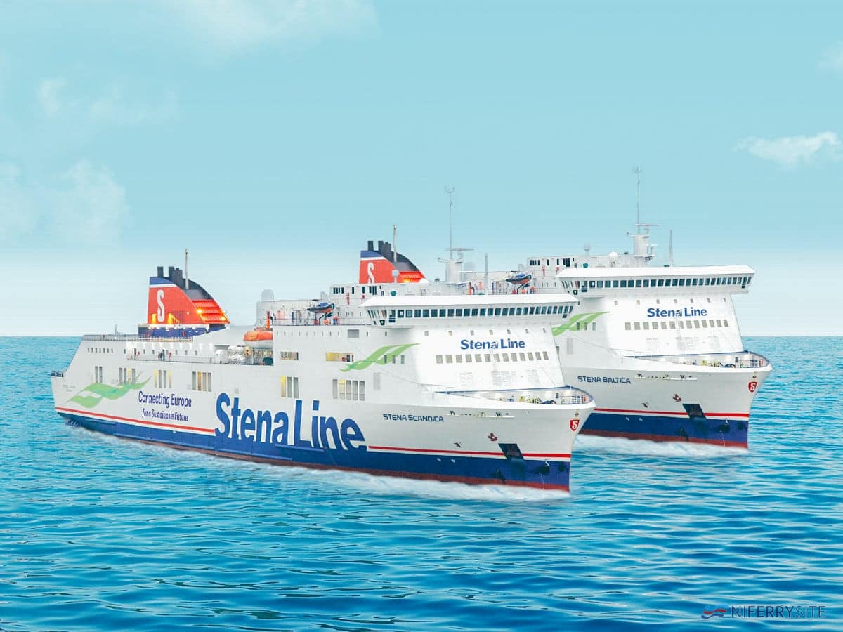 A photo montage of STENA LAGAN and Stena Mersey as STENA SCANDICA and STENA BALTICA. Stena Line.
