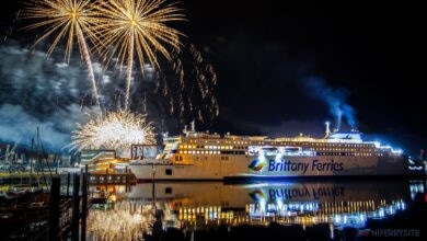 Fireworks mark the occasion of GALICIA's first commercial arrival at Portsmouth International Port, 02.12.2020. © Strong Island Media-Portsmouth International Port
