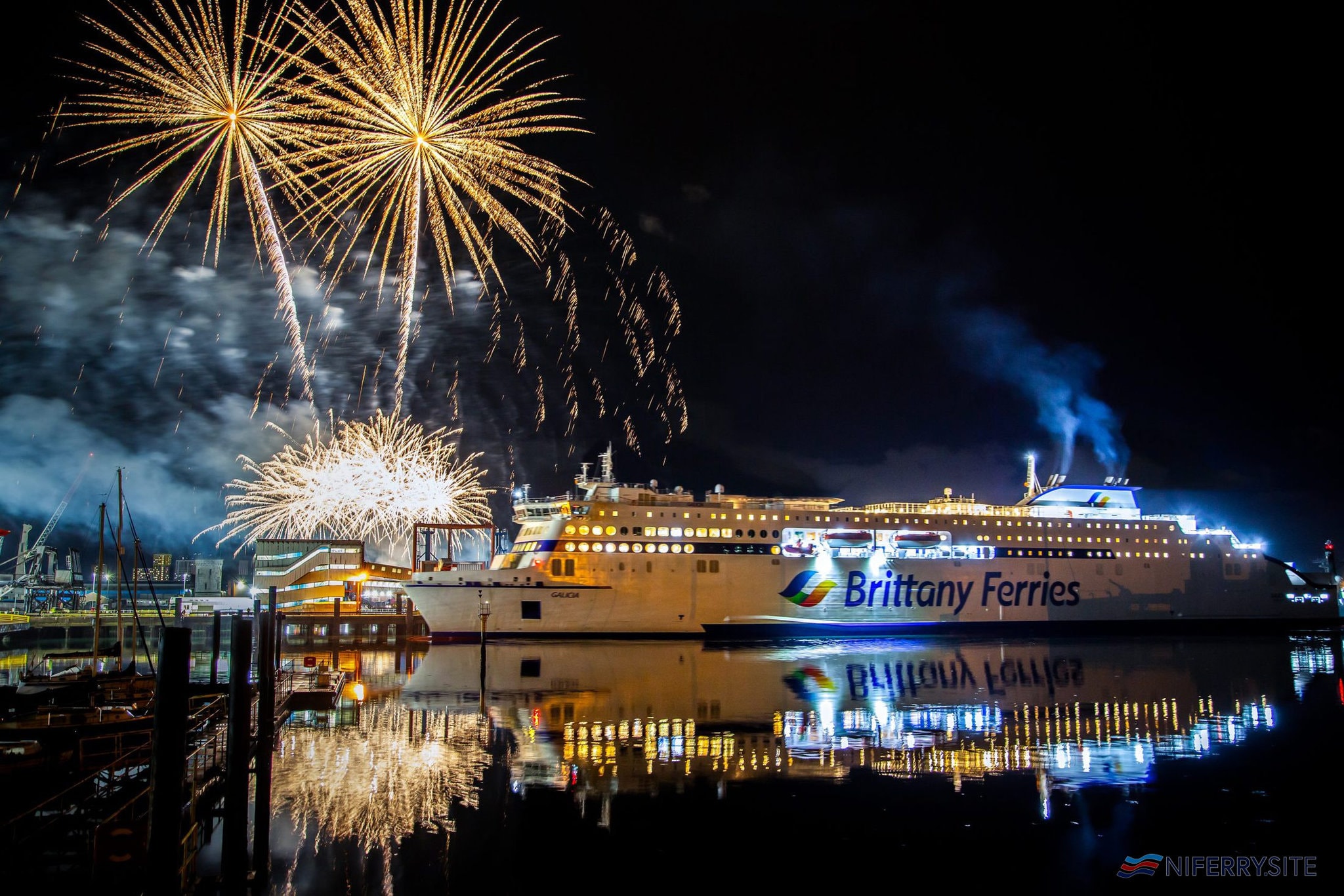 Fireworks mark the occasion of GALICIA's first commercial arrival at Portsmouth International Port, 02.12.2020. © Strong Island Media-Portsmouth International Port