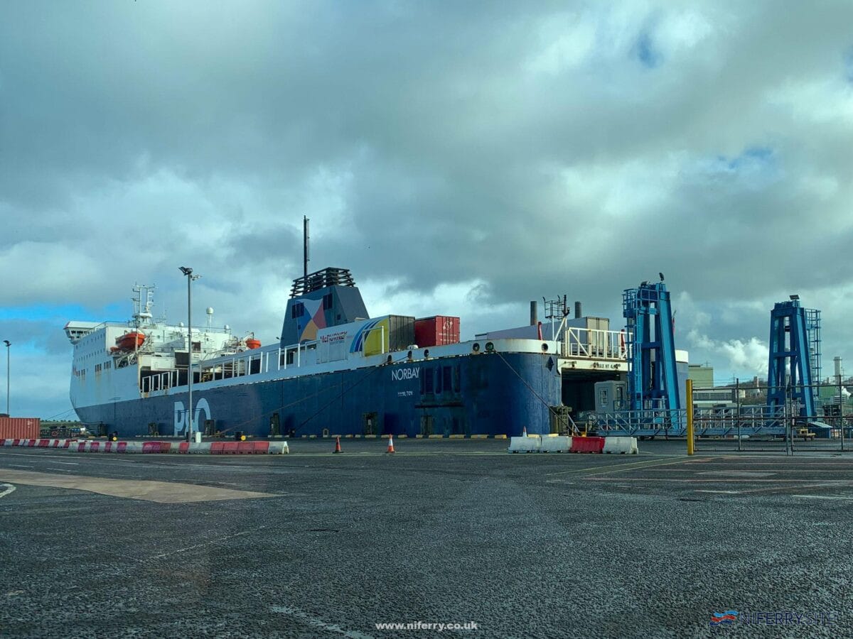 NORBAY loading at Larne while relieving on the Larne - Cairnryan route, February 2022.  Image: © Gary Andrews