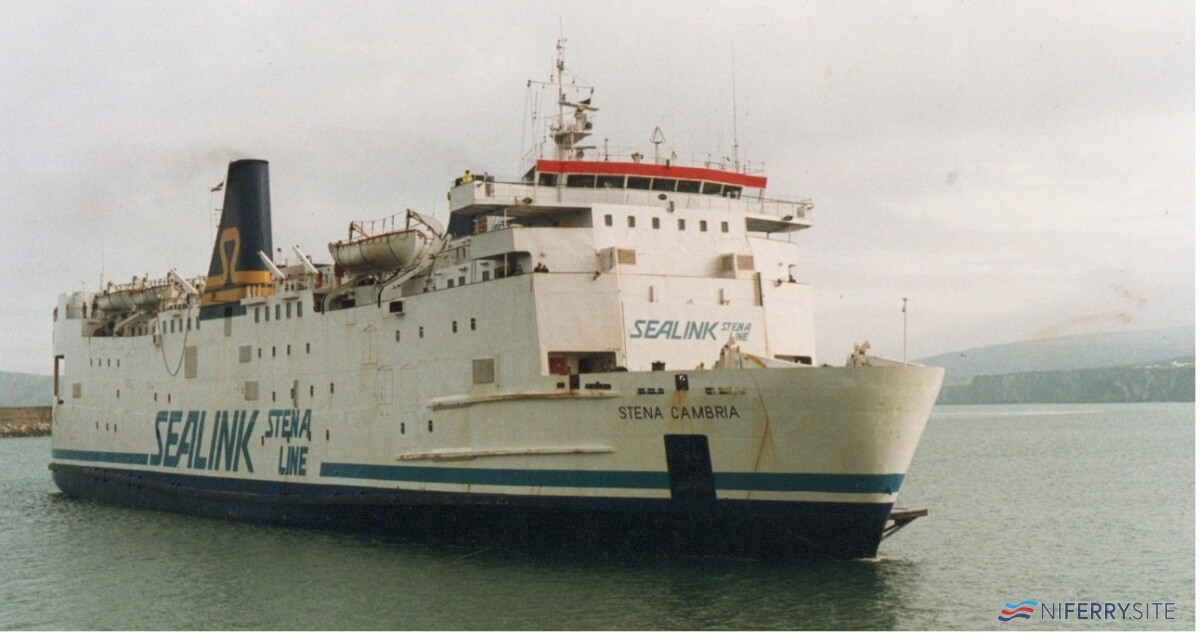 All four of Sealink’s so-called Belfast-built ‘Saint Class vessels have provided cover at Fishguard at various stages of their careers. Here, the second vessel in the series, STENA CAMBRIA (formerly ST. ANSELM) is seen at Fishguard Harbour in November 1992.  Image: The Brian Cleare Collection.